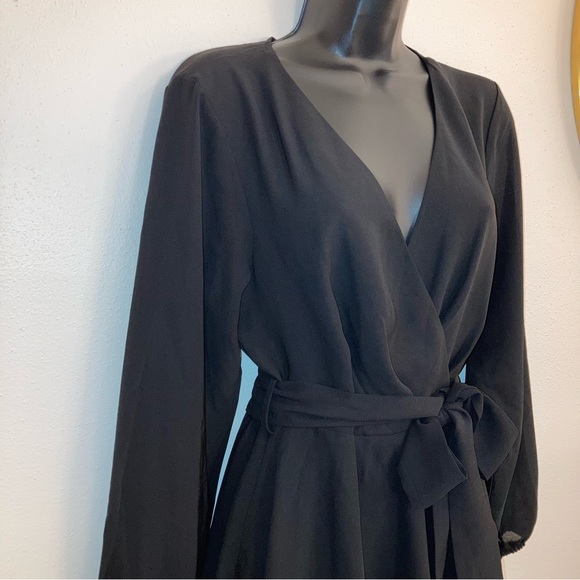 NEW Formal Black Bow Faux Wrap Long Sleeve Sexy Fit Flare Spring Cocktail Dress - Picture 6 of 17